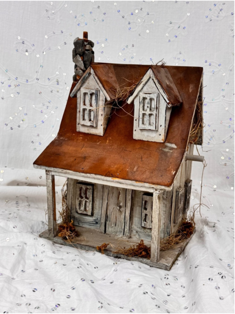 Vintage 1990s Handmade Rustic Cabin Birdhouse Folk Art Cottage Decor